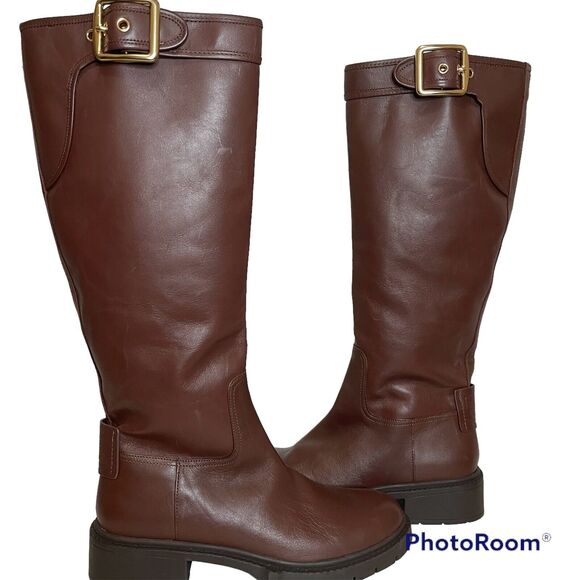 Coach LEIGH Brown Leather Side Zip Knee High Boots Women’s Size 6.5 NEW - Picture 1 of 15